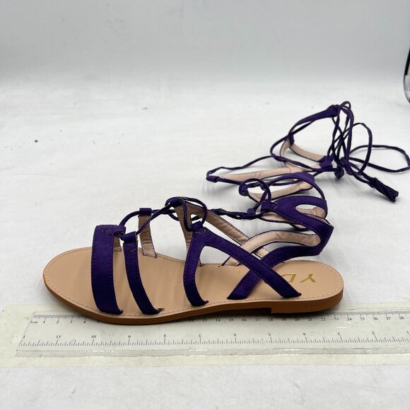 YDN Purple Sexy Knee High Lace up Flats Fringe Low Heel Gladiator Strap Sandals - Picture 2 of 8